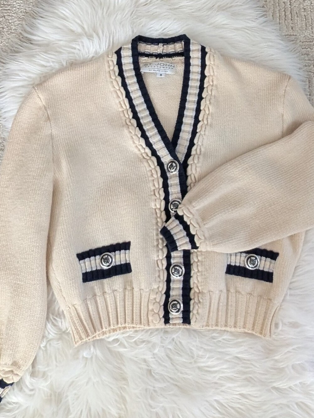 St. John Sport Cream Cardigan with Navy Trim and Decorative Buttons Medium